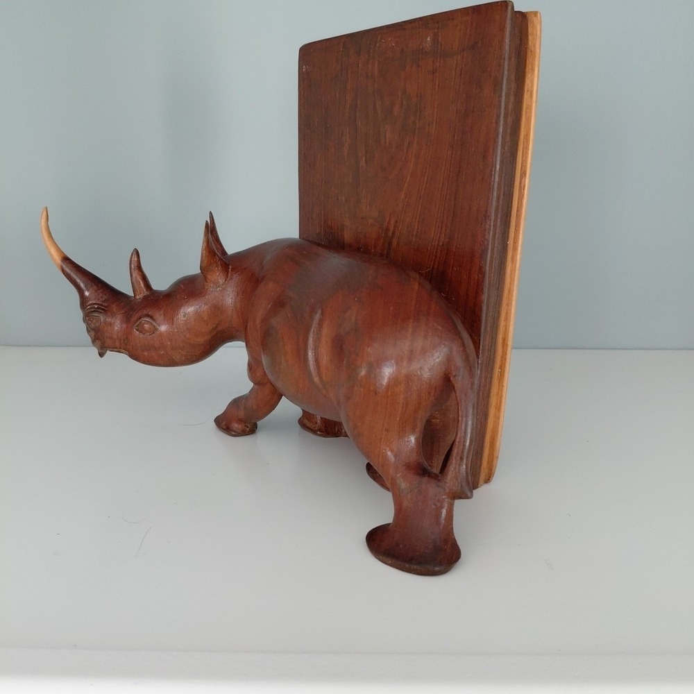 Vintage Hand Carved Natural Wood African RHINO Bookends Heavy Artist Detailed - Picture 12 of 16